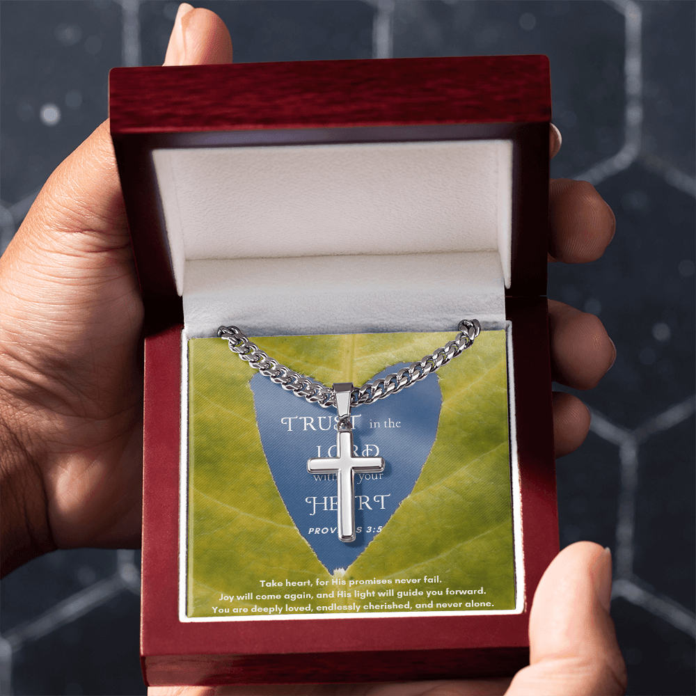 Trust The Lord With All Your Heart - Cuban Chain with Artisan Cross Necklace - Glittering Heights